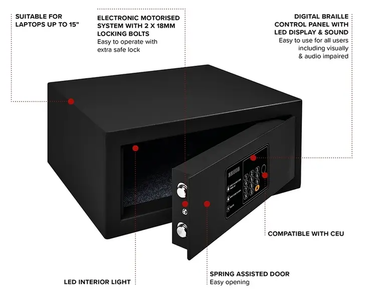 Corby of Windsor hotelski sef za prijenosno računalo s otvorenim vratima i tipkovnicom